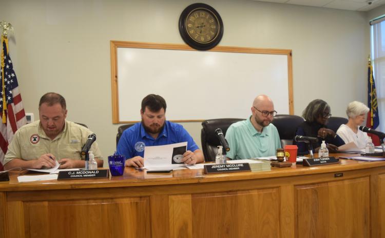 The Cleveland City Council held a public hearing on the proposed Fiscal Year 2026-2027 budget on June 4. From left are Council Members C.J. McDonald and Jeremy McClure, Mayor Josh Turner and Council Members Annie Sutton and Nan Bowen. DENISE ETHERIDGE/WCN