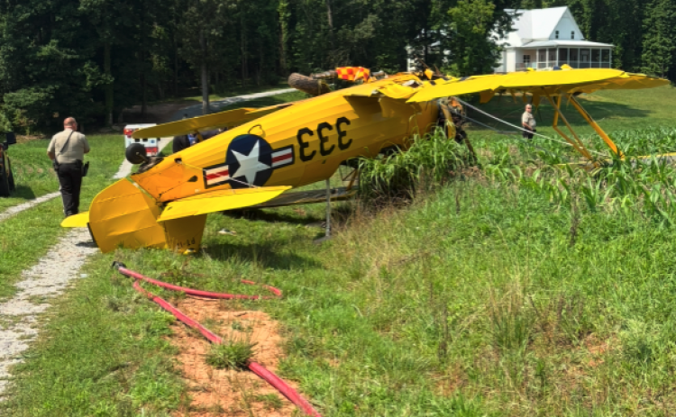 A Boeing PT-17 crashed in a field along Black Road in Cleveland on Friday morning. SUBMITTED PHOTO