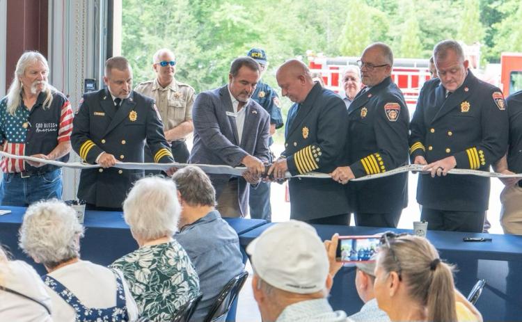 The county held a decoupling ceremony on June 11 for the opening of Fire Station No. 9. From left: White County Commissioner Craig Bryant, Assistant Fire Chief Josh Taylor, Chairman Travis Turner, Public Safety Director David Murphy, Deputy Chief Terry Sosebee, Assistant Chief Seth Weaver and Dylan Lee with Precision United. SUBMITTED PHOTO