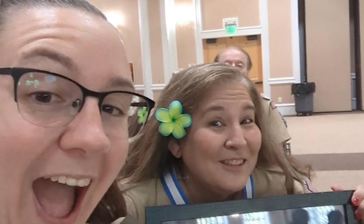 Jessica Barnett, left, and Michele Quintal smile for a selfie after Quintal received the Silver Beaver Award at the Boy Scouts of America Northeast Georgia Council’s Council Recognition Ceremony. SUBMITTED PHOTO