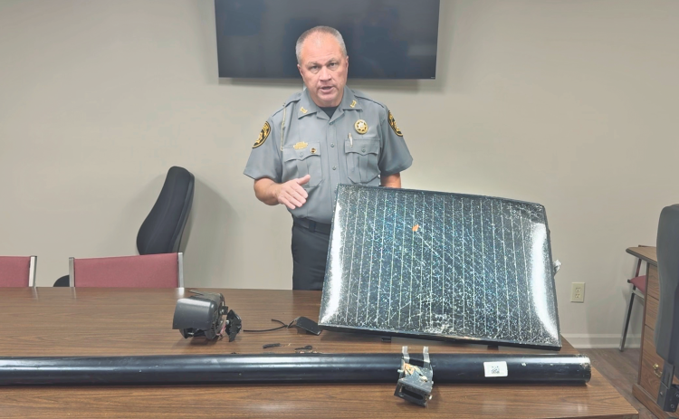 Lumpkin County Sheriff Stacy Jarrard took to Facebook Aug. 17 after a chopped Flock camera was recovered near Yahoola Creek Park. Matt Aiken/The Nugget