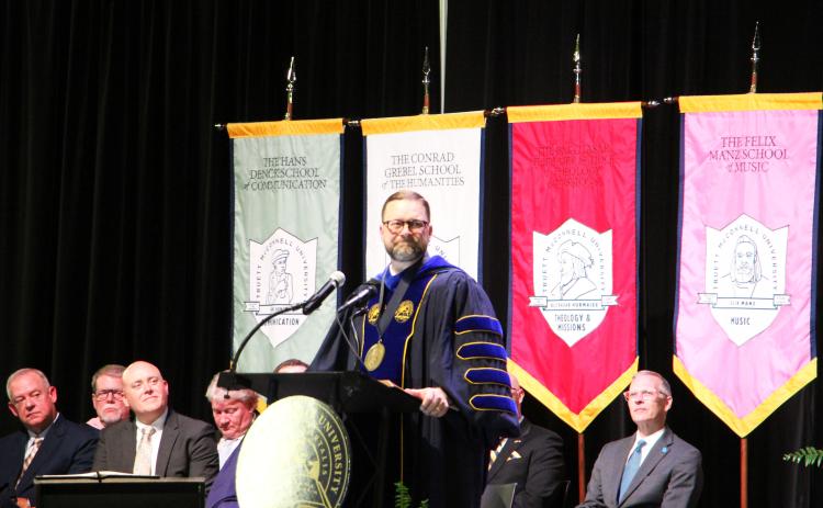 Dr. Larry Lyon delivers his inaugural address during his inauguration as Truett McConnell University’s ninth president Sept. 24 at TMU’s George Blaurock Student Wellness Center. PHOTO BY CARLY HENDERSON