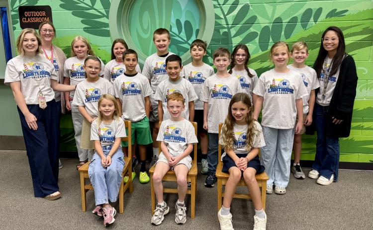 MYES teacher Kaylee Lusk, counselor Wendy Cook and teacher Bre Jones stand with Lighthouse Leaders at Mt. Yonah Elementary School. Front row from left are students: Lennon Kate Bardenwerper, Memphis Hunter and Hazel Garrison. Middle row from left: Lusk, Chelsea Taylor, Becket Wilson, Banler Wilson, Sean Johnson and Lillian Carter. Back row from left: Jones, Kaelyn Coker, Bravely Lisk, Maverick Fincher, Holsten Ogden, Everest Westmoreland, Clay Eason and Cook. SUBMITTED PHOTO